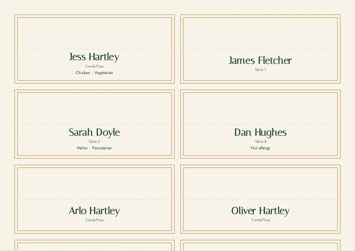 Name-card sheet generated by Tablewise